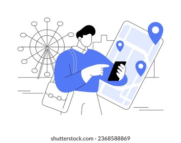 Ilustración de vector de concepto abstracto de seguimiento de ubicación. El hombre realiza un seguimiento de la ubicación con el teléfono, la industria de IoB, combina y procesa datos, tecnología de TI, transferencia de datos, metáfora abstracta de aprendizaje automático.