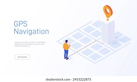 Location tracking concept isometric vector illustration. Choosing shortest road. Isometric illustration with man getting direction to point in city with mobile phone.