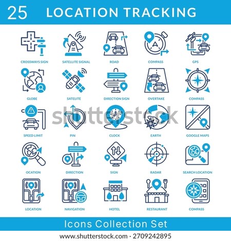 Location Tracking icon set collection in mixed style. an icon pack contain road, compass, gps, globe, satelite, direction sign, overtake, speed limit, pin, clock