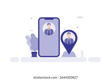 Ilustración de seguimiento de Locación: teléfono inteligente con pin de mapa que muestra a la persona de negocios 