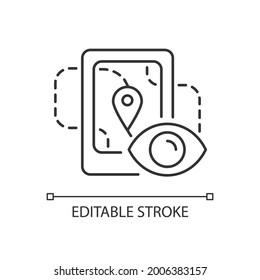 Location tracking linear icon. Trailing people movement through GPS navigation. Map in real-time. Thin line customizable illustration. Contour symbol. Vector isolated outline drawing. Editable stroke