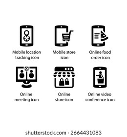 Seguimiento de la Locación Video, tienda móvil, orden de los alimentos, reunión en línea, tienda en línea, conferencia, icono