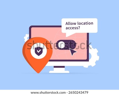 Location tracking request on desktop screen with GPS icon, map and toggle switch privacy settings. Geolocation access, user data control and gps permission. Flat location tracking vector illustration