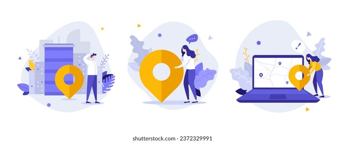 Location tracking technology flat concept vector illustrations set. Cartoon compositions with people and location marker. Travelling with digital devices scenes for website, mobile, presentation