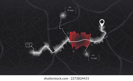 Location tracks dashboard. 3D data dashboard. Urban highway plan. Pin location signs and infographics. Destination tag or mark. Huge city top view.