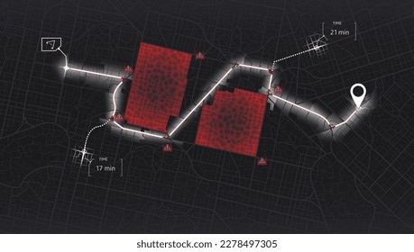 Location tracks dashboard. 3D data dashboard. Urban highway plan. Pin location signs and infographics. Destination tag or mark. Huge city top view.