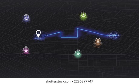 Location tracks dashboard. City map application with navigation UI. Determining location on the plan of abstract city. Path turns and destination tag or mark. Huge city top view.