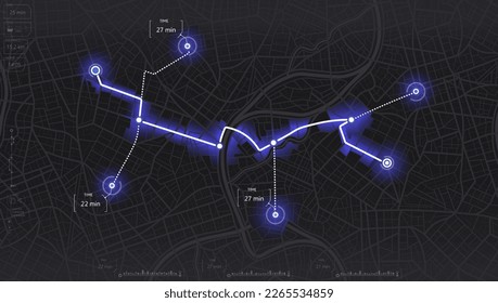 Location tracks dashboard. City street road.city streets and blocks, route distance data, path turns and destination tag or mark. Huge city top view.