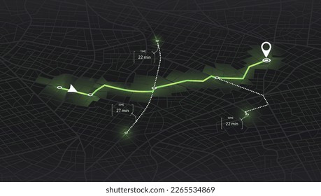 Panel de seguimiento de ubicación. Calle urbana.calles y bloques de la ciudad, datos de la distancia de ruta, giros de ruta y marca o marca de destino. Enorme vista de arriba de la ciudad. Isometric