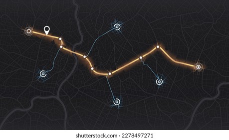 Location tracks dashboard. City street road. City streets and blocks, route distance data, path turns and destination tag or mark. Huge city top view.