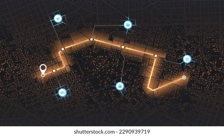 Location tracks dashboard. City street road. City streets and blocks, route distance data, path turns and destination tag or mark. Huge city top view.