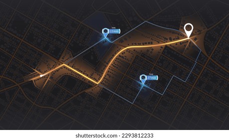 Location tracks dashboard. City street road. City streets and blocks, route distance data, path turns and destination tag or mark. Huge city top view. Isometric