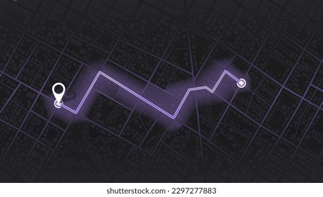 Location tracks dashboard. City street road. City streets and blocks, route distance data, path turns and destination tag or mark. Huge city top view. Graphic urban infrastructure Vector illustration