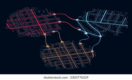 Location tracks dashboard. City street road. City streets route distance data, path turns and destination tag or mark. Huge city top view.