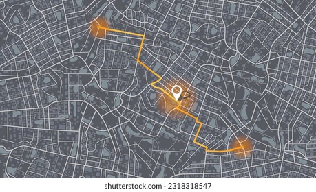 Location tracks dashboard. City street road. City streets and blocks, route distance data, path turns and destination tag or mark. Huge city top view.