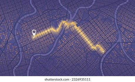 Location tracks dashboard. City street road. City streets and blocks, route distance data, path turns and destination tag or mark. Huge city top view. ector, illustration. Abstract background.