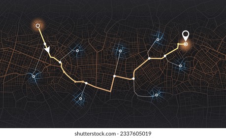 Location tracks dashboard. City street road. Vector, illustration. Abstract transportation background. Path turns and destination tag, mark. A visually stunning of colorful lines, geometric elements,