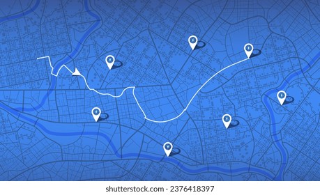 Location tracks dashboard. City street road. City streets and blocks, route distance data, path turns and destination tag or mark. Huge city top view. vector, illustration. Abstract background.