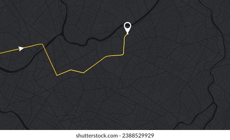 Location tracks dashboard. City street road. City streets and blocks, route distance data, path turns and destination tag or mark. Huge city top view. vector, illustration. Abstract background.