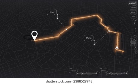 Location tracks dashboard. City street road. City streets and blocks, route distance data, path turns and destination tag or mark. Huge city top view. vector, illustration. Abstract background.