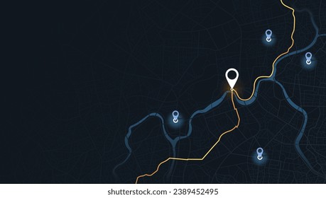 Location tracks dashboard. City street road. City streets and blocks, route distance data, path turns and destination tag or mark. Huge city top view. vector, illustration. Abstract background.