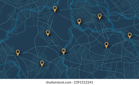 Location tracks dashboard. City street road. City streets and blocks, route distance data, path turns and destination tag or mark. Huge city top view. vector, illustration. Abstract background.