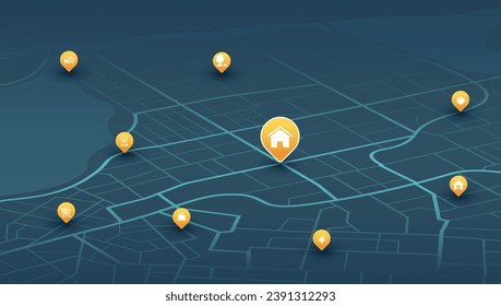 Location tracks dashboard. City street road. City streets and blocks, route distance data, path turns and destination tag or mark. Huge city top view. vector, illustration. Abstract background.