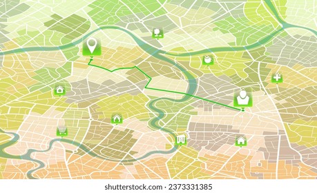 Location tracks dashboard. Isometric city street road. City streets and blocks, route distance data, path turns and destination tag or mark. Huge city top view. Background with location system. Vector