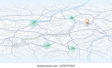 Location tracks dashboard. Isometric street roads and location, vector background. Path turns and destination tag or mark. Huge city top view.