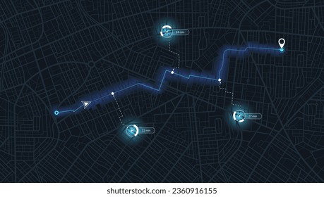 Location tracks dashboard. Navigation for obtaining data on distance, turns of the path. Path from the point to the intended goal, several destinations, arrival point. Vector, illustration. Abstract