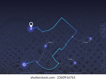 Location tracks dashboard. Navigation for obtaining data on distance, turns of the path. Path from the point to the intended goal, several destinations, arrival point. Vector, illustration. Abstract