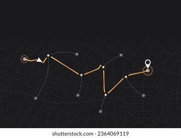 Location tracks dashboard. Navigation for obtaining data on distance, turns of the path. Path from the point to the intended goal, several types of transport to the arrival point. Vector, illustration