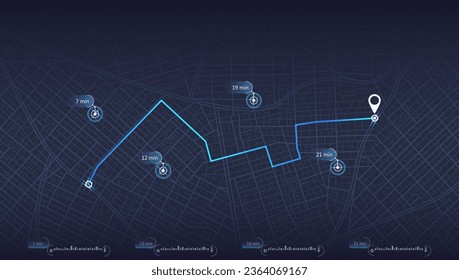 Location tracks dashboard. Navigation for obtaining data on distance, turns of the path. Path from the point to the intended goal, several destinations, arrival point. Vector, illustration. Abstract