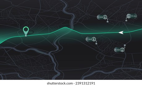 Location tracks dashboard. Navigation for obtaining data on distance, turns of the path. Path from the point to the intended goal, several types of transport to the arrival point. Vector, Isometric