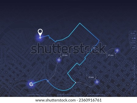 Location tracks dashboard. Navigation for obtaining data on distance, turns of the path. Path from the point to the intended goal, several destinations, arrival point. Vector, illustration. Abstract