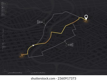 Location tracks dashboard. Path from the point to the intended goal, several types of way to the arrival point. Distance data, path turns and destination tag or mark. Vector, illustration background