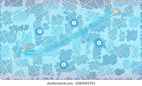 Location tracks dashboard. Path turns and destination tag or mark. Huge city top view. Tracking path and route planning from home to office. Determining location on the plan of abstract city.