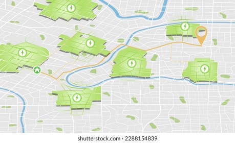 Location tracks dashboard. Path turns and destination tag or mark. Huge city top view. Tracking path and route planning from home to office. Determining location on plan of abstract Isometric city