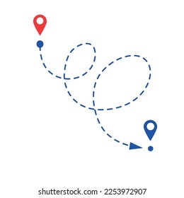 Ubicación para viajes, mapa de carreteras con puntos con destinos. Logo de la ruta de un punto a otro. Ilustración vectorial aislada en fondo blanco.