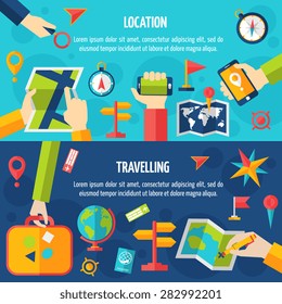 Location traveling and navigation tools accessories and symbol flat horizontal banners set isolated vector illustration