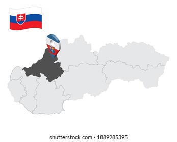 Location  Trencin Region on map Slovakia. 3d location sign similar to the flag of Trencin Region. Quality map  with regions of Slovakia for your design. EPS10.