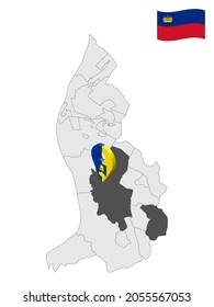 Location of Triesenberg on map Liechtenstein. 3d location sign similar to the flag of Triesenberg. Quality map  with regions  Principality of Liechtenstein for your design. EPS10.