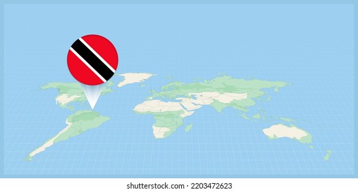 Location of Trinidad and Tobago on the world map, marked with Trinidad and Tobago flag pin. Cartographic vector illustration.