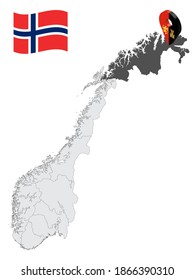 Location Troms and Finnmark County on map Norway. 3d location sign similar to the flag of  Troms and Finnmark. Quality map  with regions of  Norway for your design. EPS10.