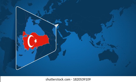 Ubicación de Turquía en el Mapa Mundial con Mapa Ampliado de Turquía con bandera. Plantilla de vectores geográficos para su diseño.
