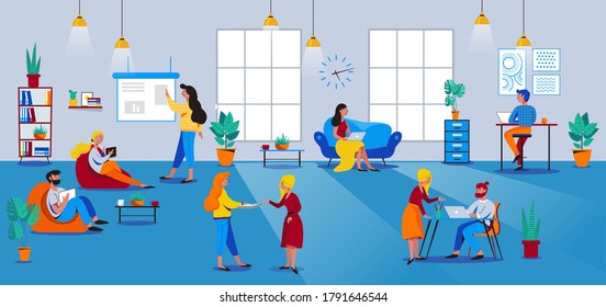 location two with People working in open space workplace. Coworking, freelance, teamwork, interaction, idea, independent activity concept. Vector illustration on blue background