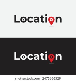 tipografía de ubicación con icono de ubicación. ilustración de ubicación del marcador de mapa sobre un fondo blanco y negro.	