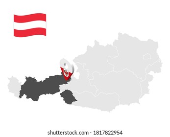 Location of  Tyrolon map Austria. 3d location sign similar to the flag of Tyrol. Quality map  with  states of  Austria for your design. EPS10.