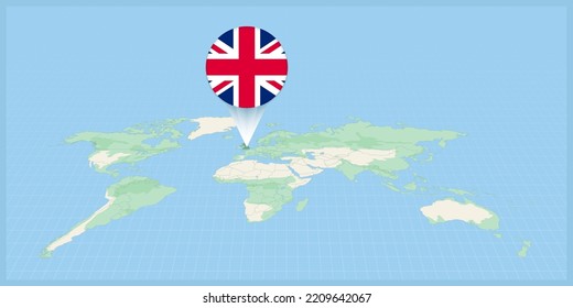 Location of United Kingdom on the world map, marked with United Kingdom flag pin. Cartographic vector illustration.
