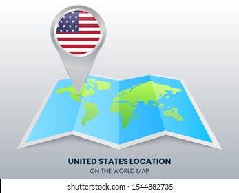 Location Of United States On The World Map, Round Pin Icon Of USA